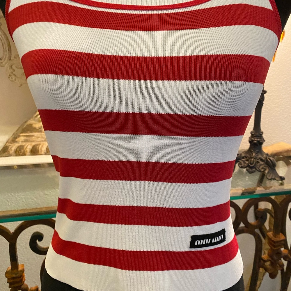 Miu Miu Fitted Ribbed Red and White Tank Top